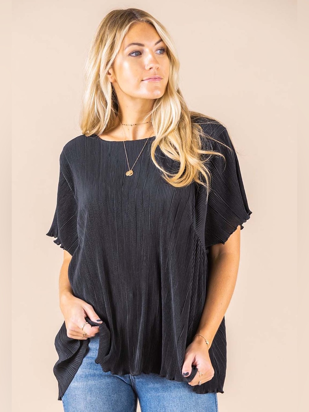 Agnes & Dora Black Crystal Pleat Blouse with Flutter Sleeves